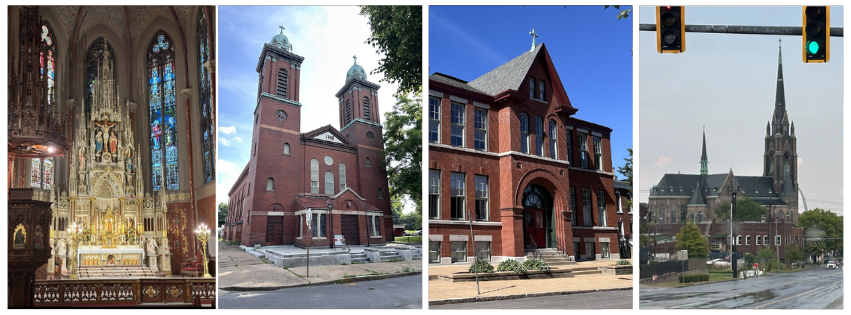 Images left to right: 
St. Francis de Sales Oratory featuring a 52-foot altar piece that depicts the crucifixion.
Tt. Agnes Church on Sidney Street, a brick building with two towers on either side. 
St. Agnes’ Church Hall at 2216 Sidney Street, a brick building with an arched door.
St. Francis de Sales at Gravois Blvd. 